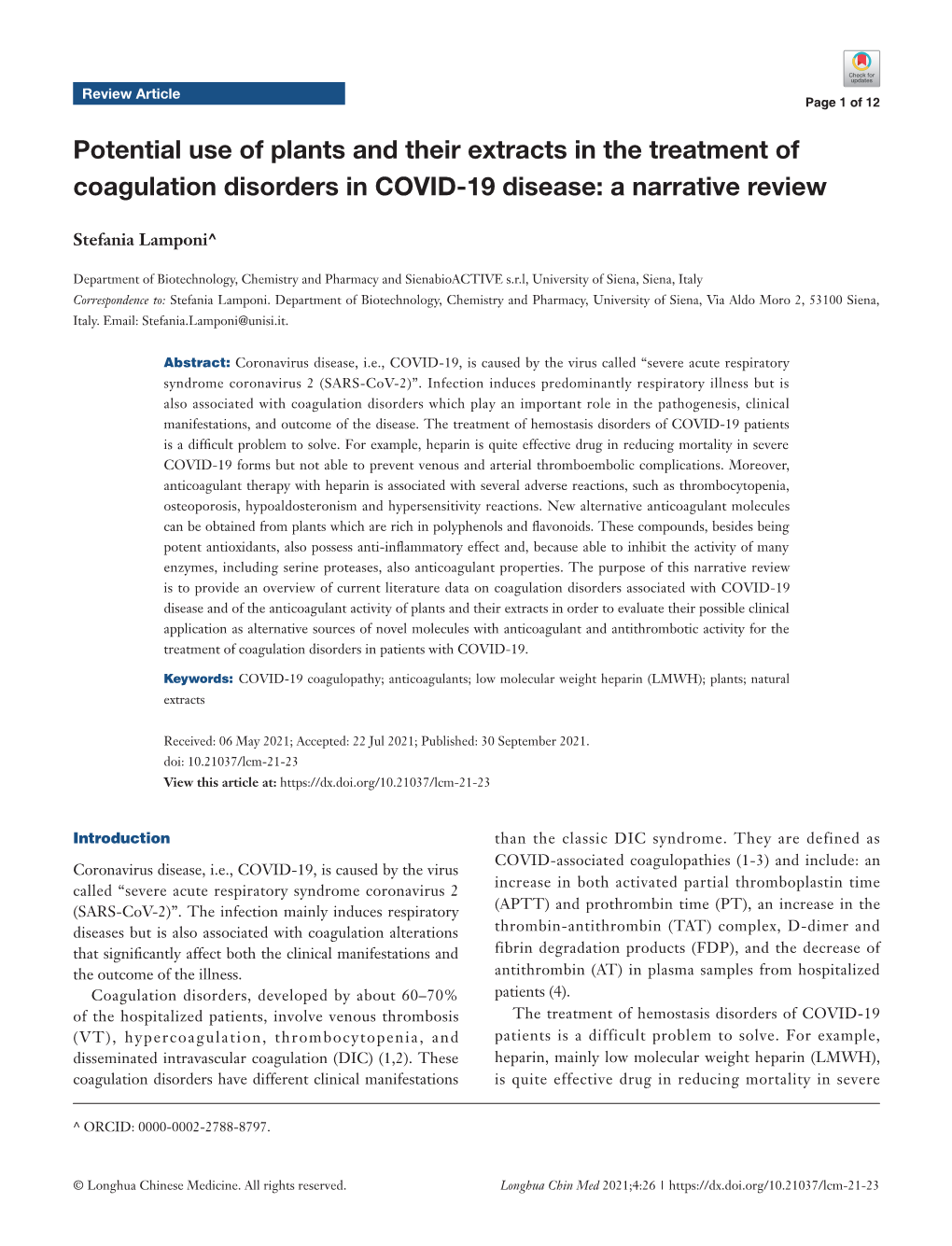 Potential Use of Plants and Their Extracts in the Treatment of Coagulation Disorders in COVID-19 Disease: a Narrative Review