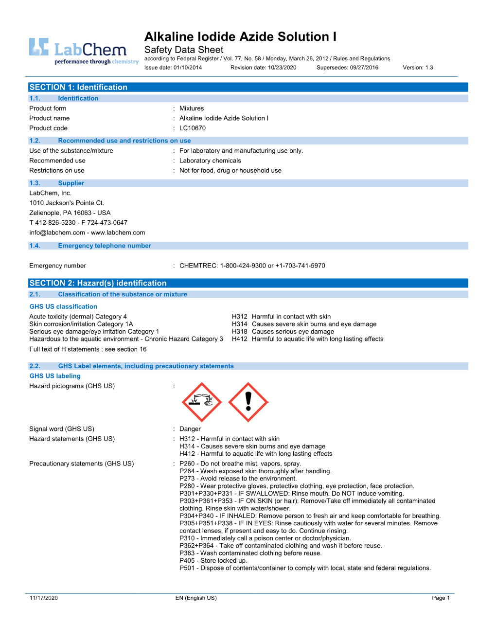 Alkaline Iodide Azide Solution I Safety Data Sheet According to Federal Register / Vol