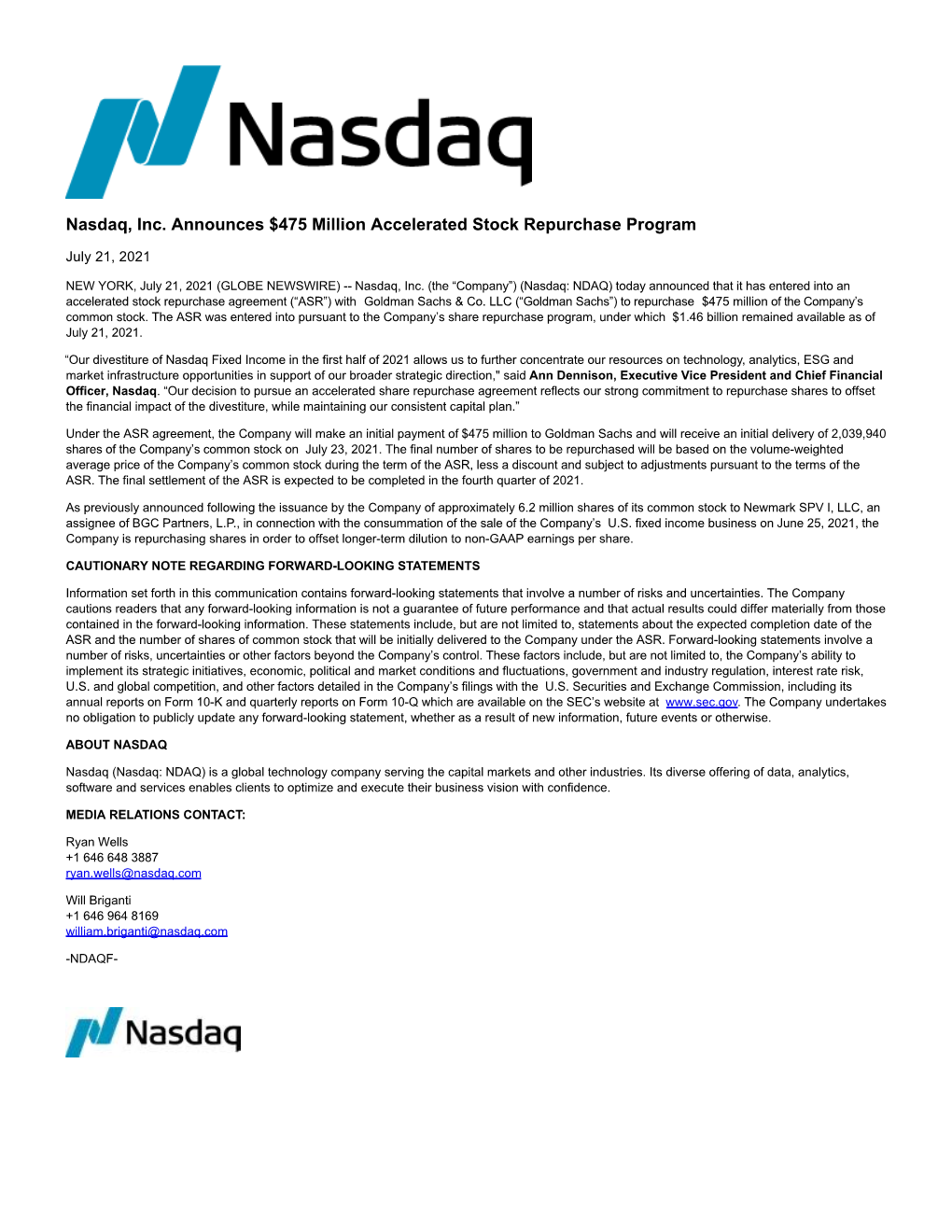 Nasdaq, Inc. Announces $475 Million Accelerated Stock Repurchase Program