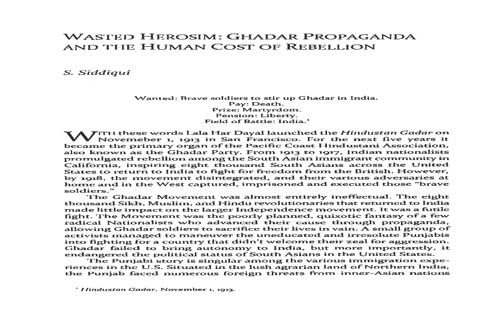 WASTED HEROSIM: GHADAR PROPAGANDA and the HUMAN COST of REBELLION