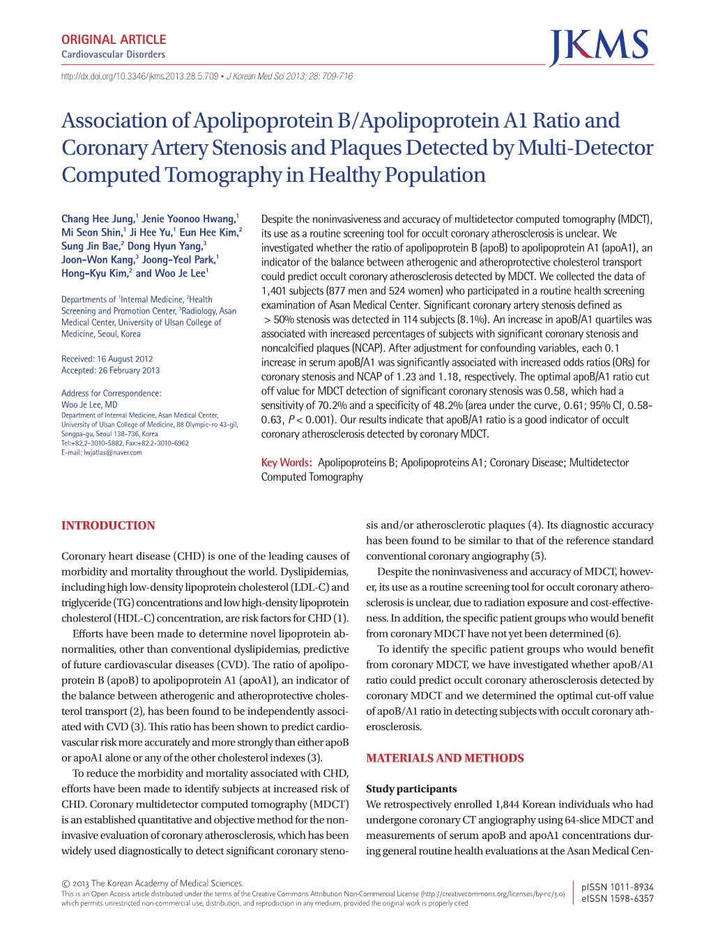 Association of Apolipoprotein B/Apolipoprotein A1 Ratio and Coronary Artery Stenosis and Plaques Detected by Multi-Detector Computed Tomography in Healthy Population