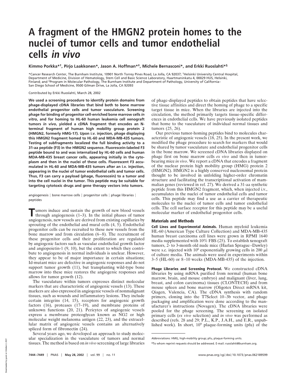 A Fragment of the HMGN2 Protein Homes to the Nuclei of Tumor Cells and Tumor Endothelial Cells in Vivo