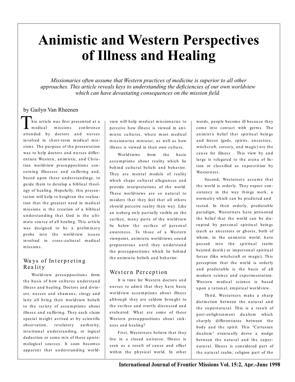 Animistic and Western Perspectives of Illness and Healing