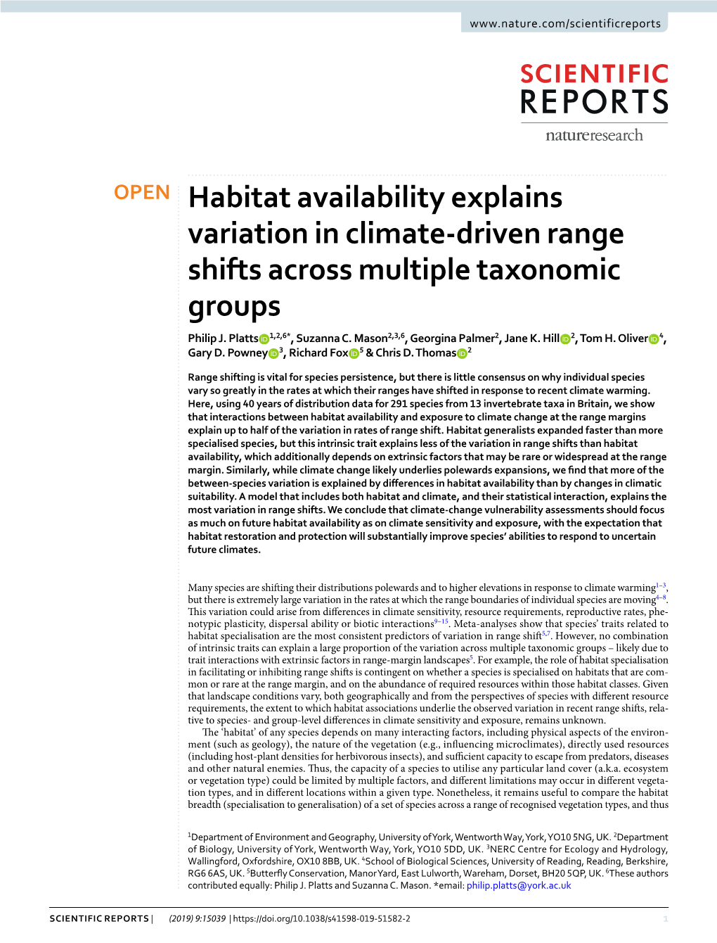 Habitat Availability Explains Variation in Climate-Driven Range Shifts Across Multiple Taxonomic Groups Philip J