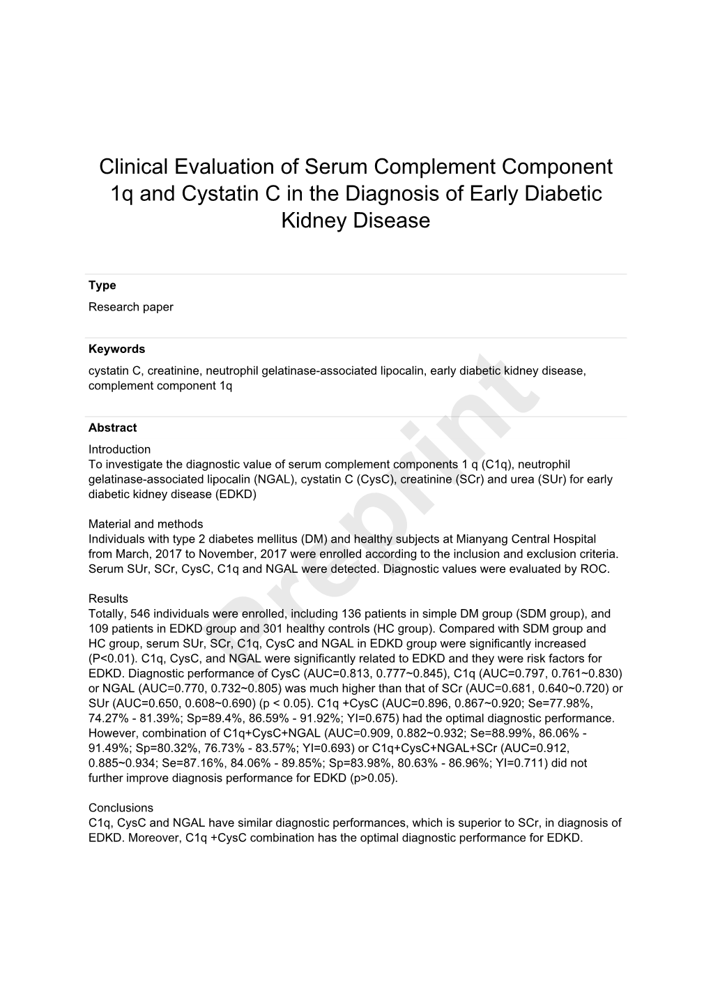 Clinical Evaluation of Serum Complement Component 1Q and Cystatin C in the Diagnosis of Early Diabetic Kidney Disease