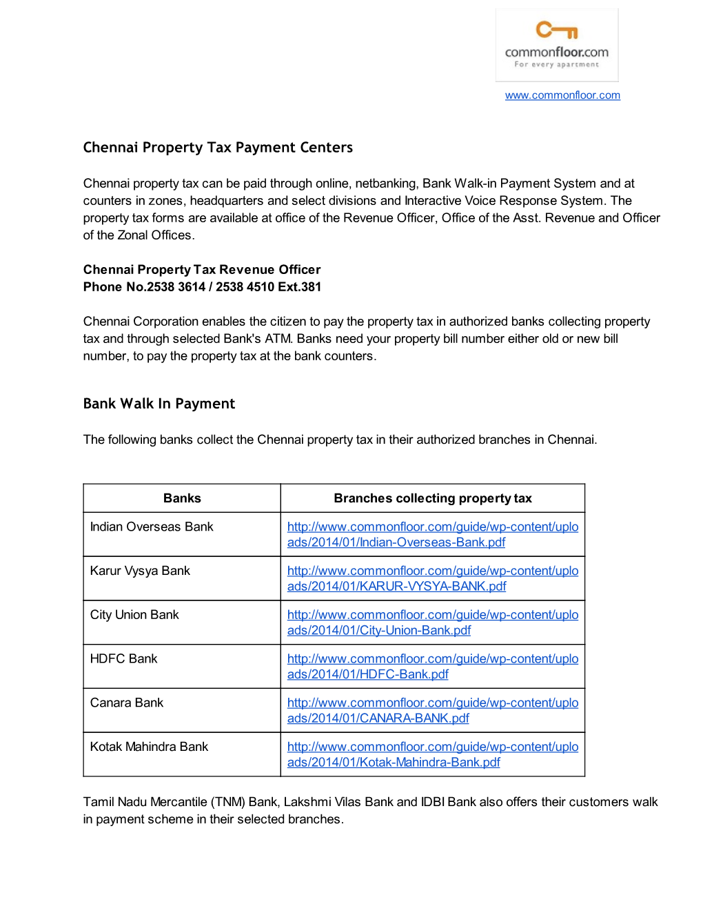Chennai Property Tax Payment Centers Bank Walk in Payment
