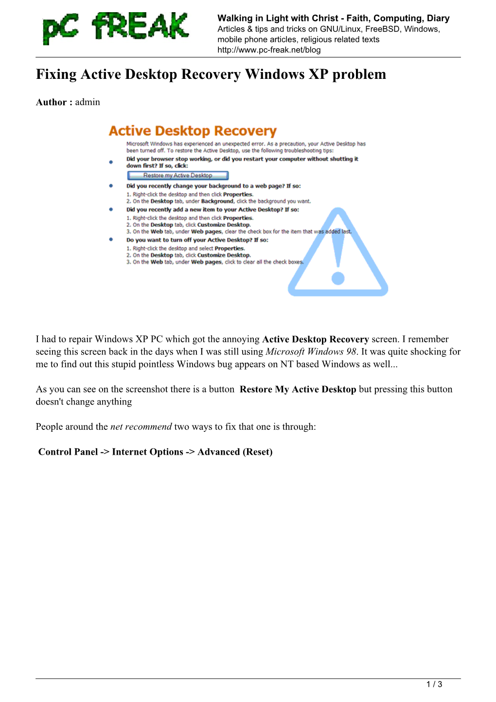 Fixing Active Desktop Recovery Windows XP Problem