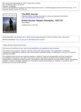 British Nuclear Weapon Stockpiles, 1953–78 John R Walker Available Online: 31 Oct 2011