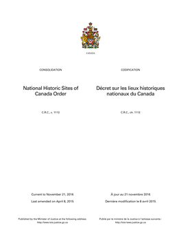 National Historic Sites of Canada Order Décret Sur Les Lieux Historiques Nationaux Du Canada