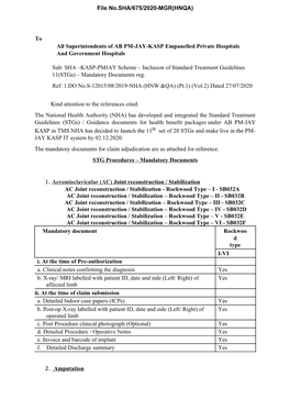 SHA –KASP-PMJAY Scheme – Inclusion of Standard Treatment Guidelines 11(Stgs) – Mandatory Documents Reg