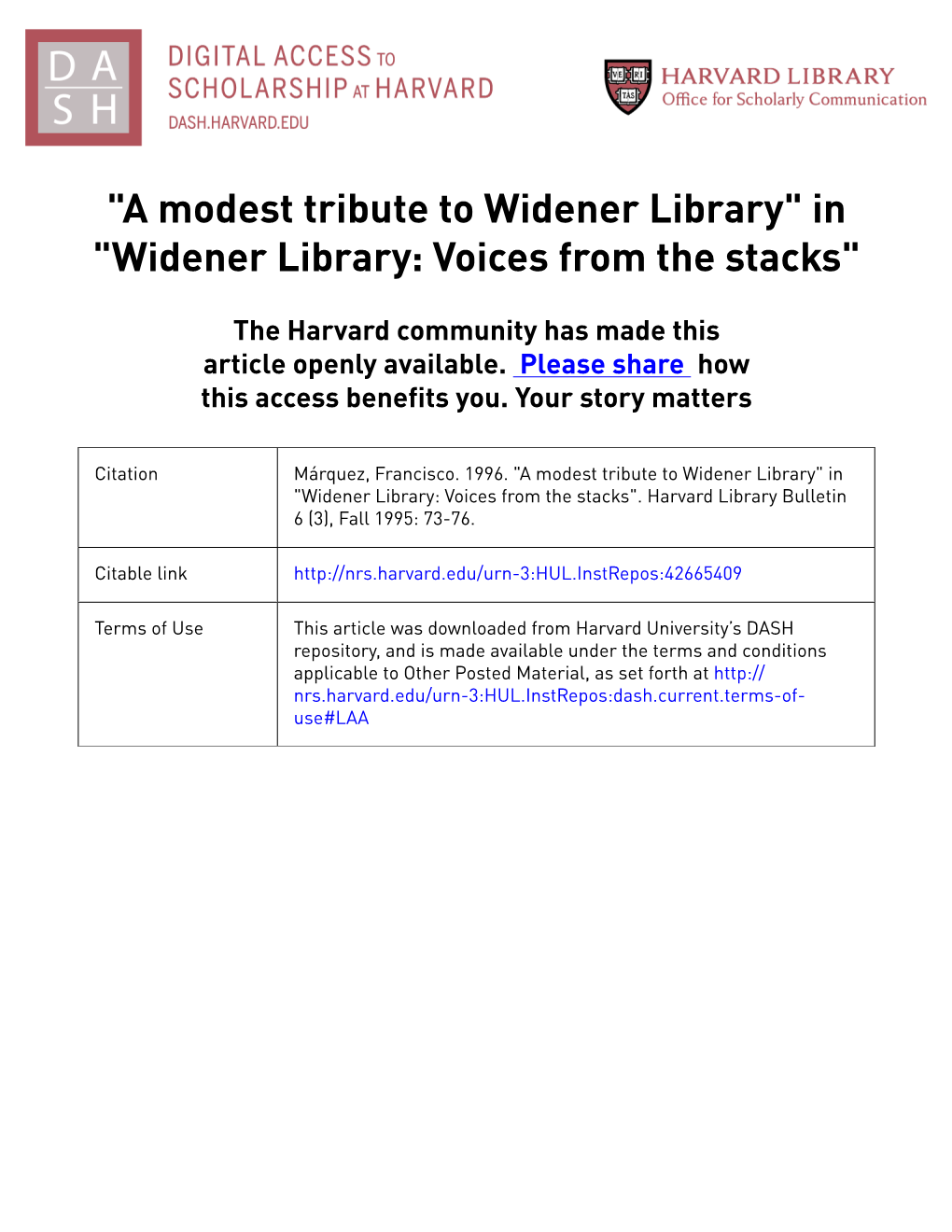 "A Modest Tribute to Widener Library" in "Widener Library: Voices from the Stacks"