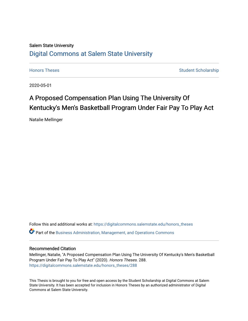A Proposed Compensation Plan Using the University of Kentucky's Men's Basketball Program Under Fair Pay to Play Act