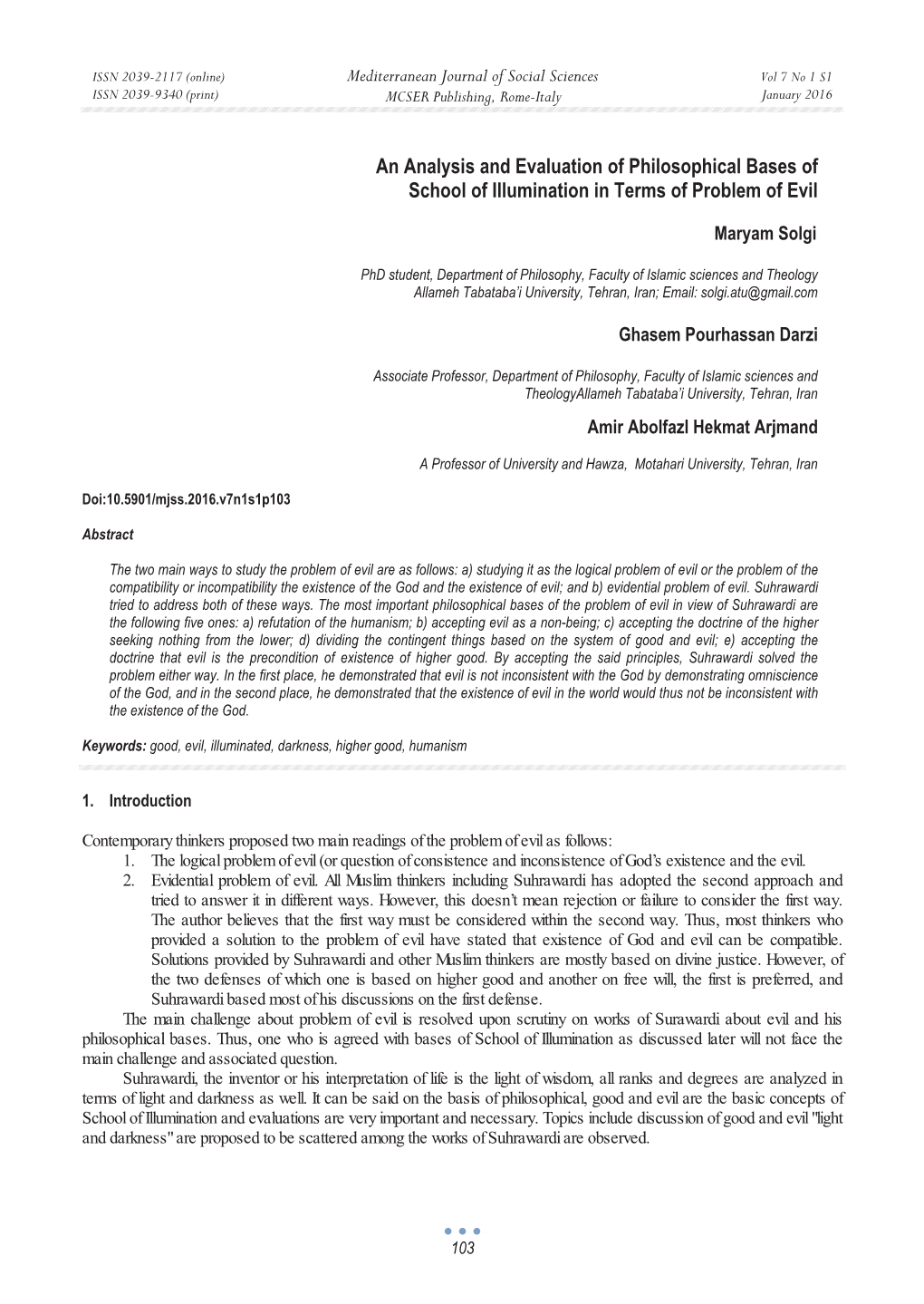 An Analysis and Evaluation of Philosophical Bases of School of Illumination in Terms of Problem of Evil