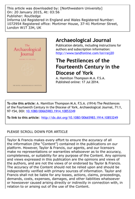 Archaeological Journal the Pestilences of the Fourteenth