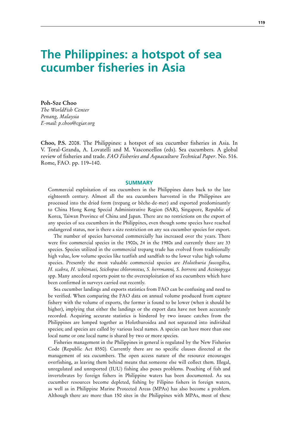 The Philippines: a Hotspot of Sea Cucumber Fisheries in Asia