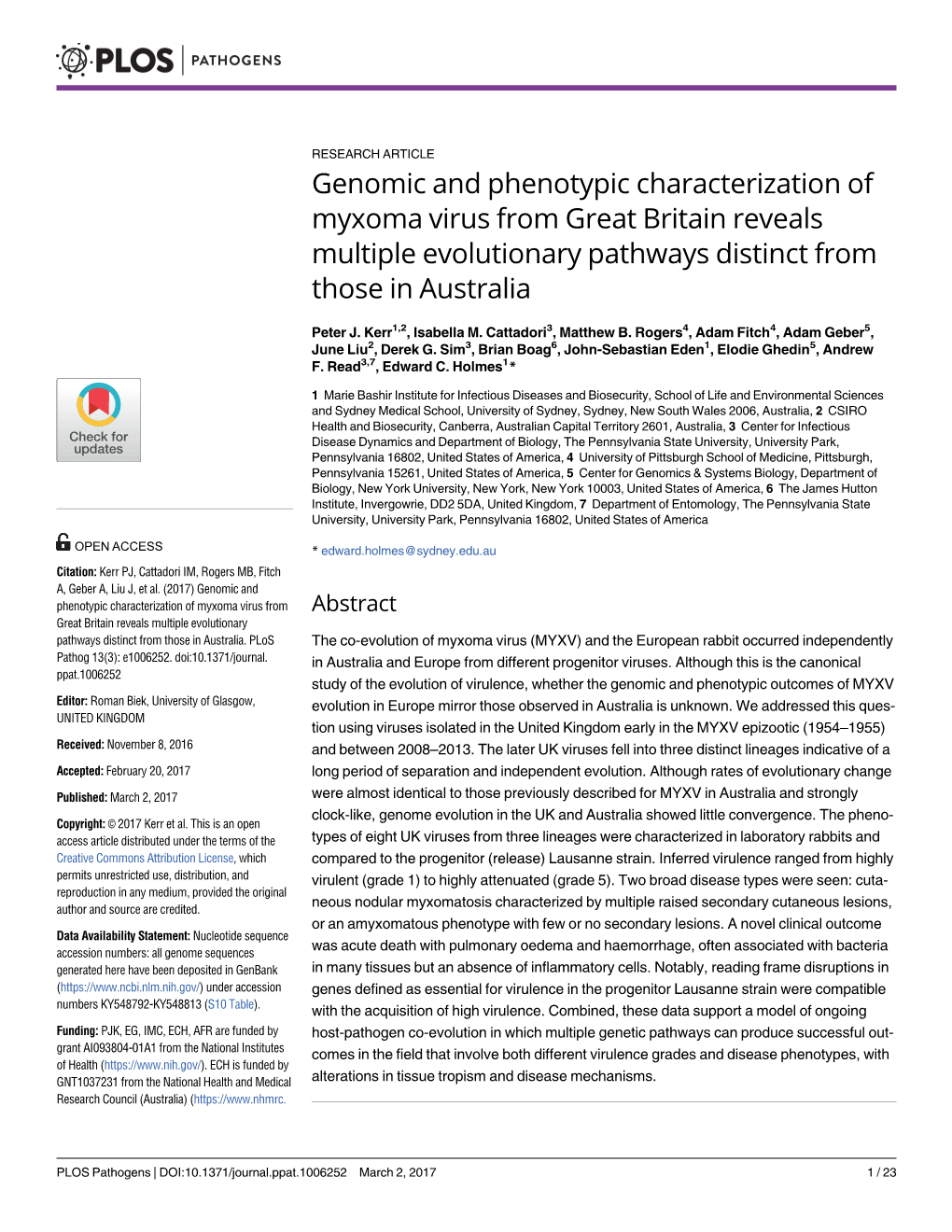 Genomic and Phenotypic Characterization of Myxoma Virus from Great Britain Reveals Multiple Evolutionary Pathways Distinct from Those in Australia
