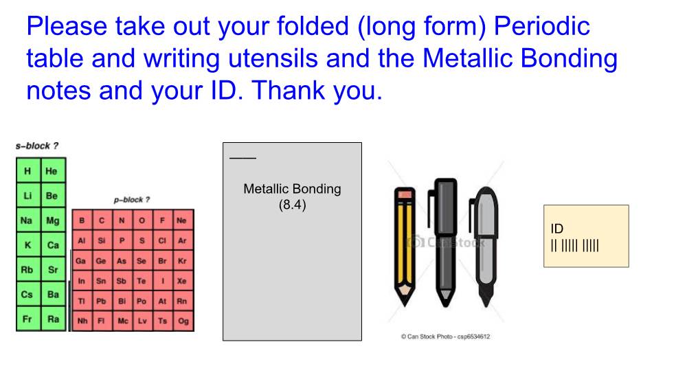 (Long Form) Periodic Table and Writing Utensils and the Metallic Bonding Notes and Your ID