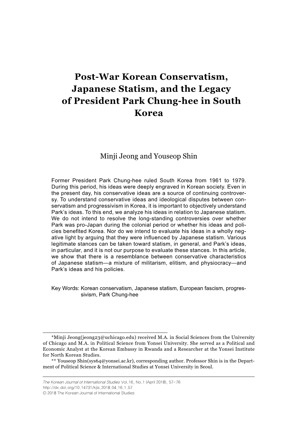 Post-War Korean Conservatism, Japanese Statism, and the Legacy of President Park Chung-Hee in South Korea