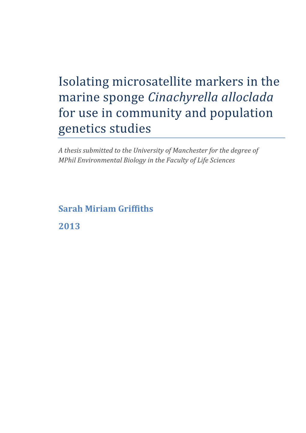Isolating Microsatellite Markers in the Marine Sponge Cinachyrella Alloclada for Use in Community and Population Genetics Studies
