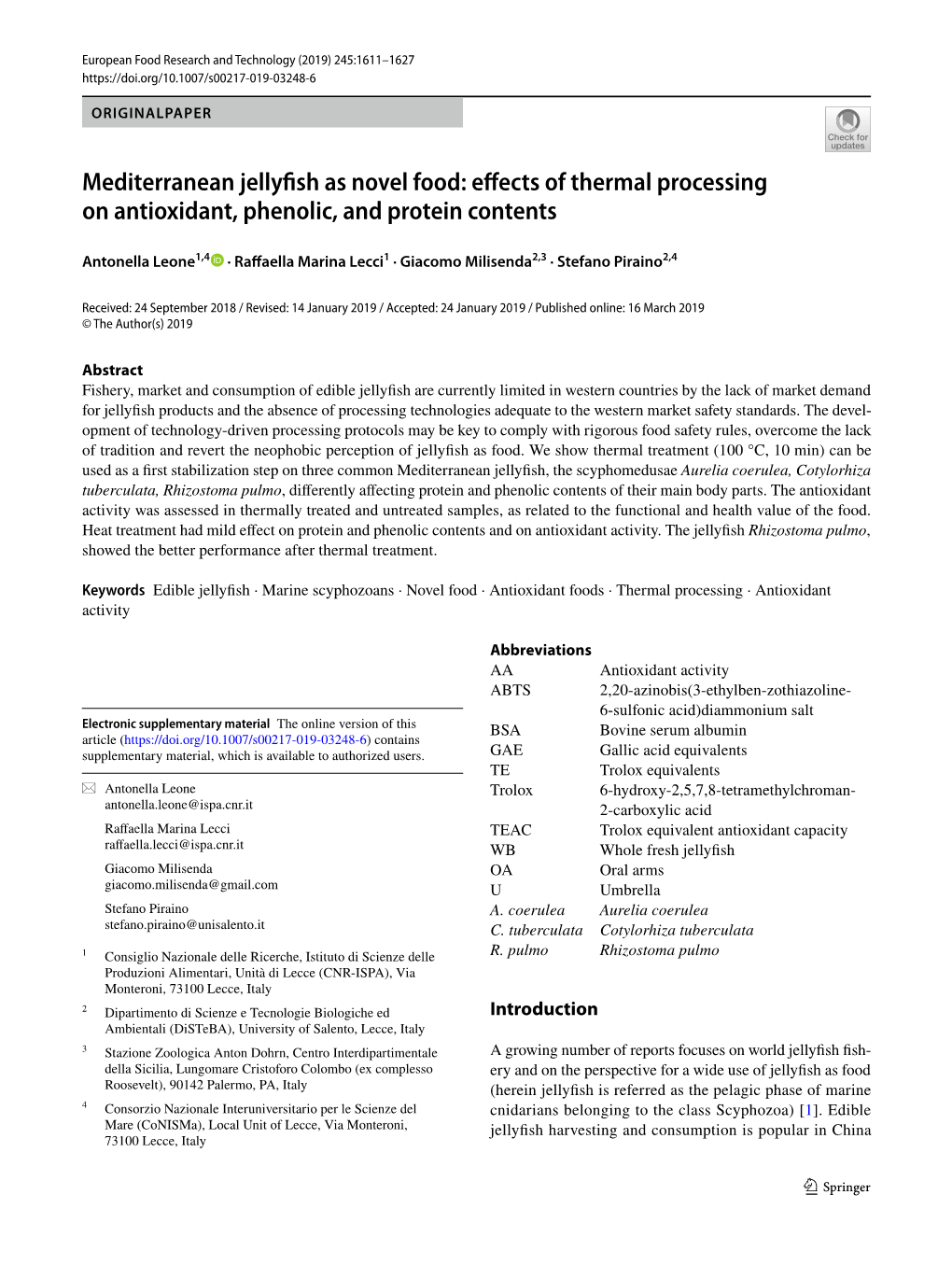 Mediterranean Jellyfish As Novel Food: Effects of Thermal Processing on Antioxidant, Phenolic, and Protein Contents
