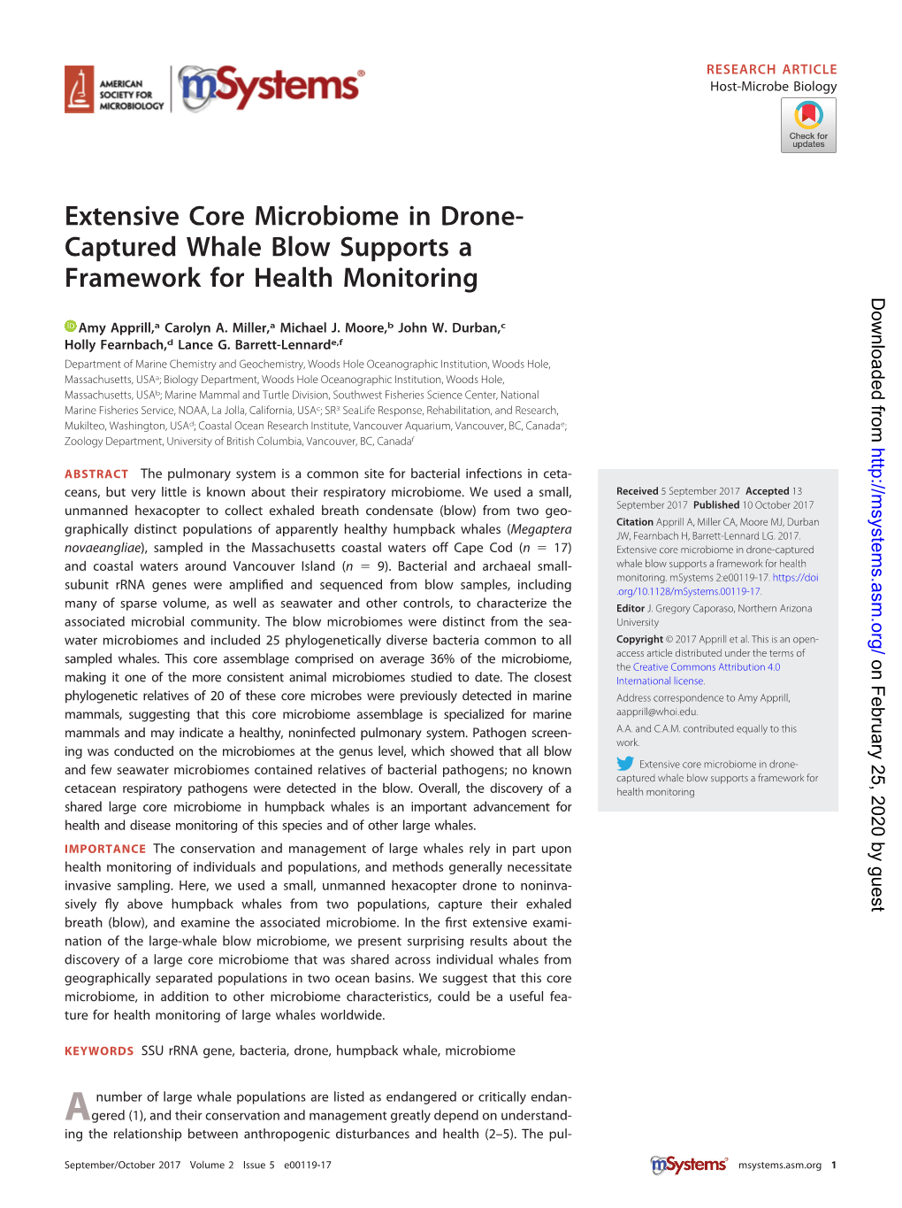 Extensive Core Microbiome in Drone-Captured Whale Blow