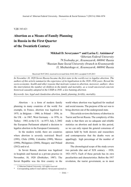 Abortion As a Means of Family Planning in Russia in the First Quarter of the Twentieth Century