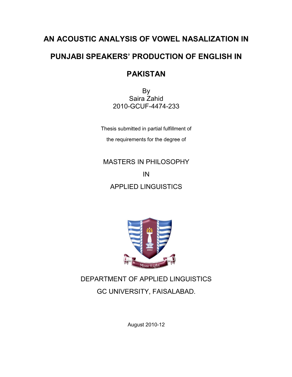 An Acoustic Analysis of Vowel Nasalization in Punjabi Speakers' Production of English in Pakistan