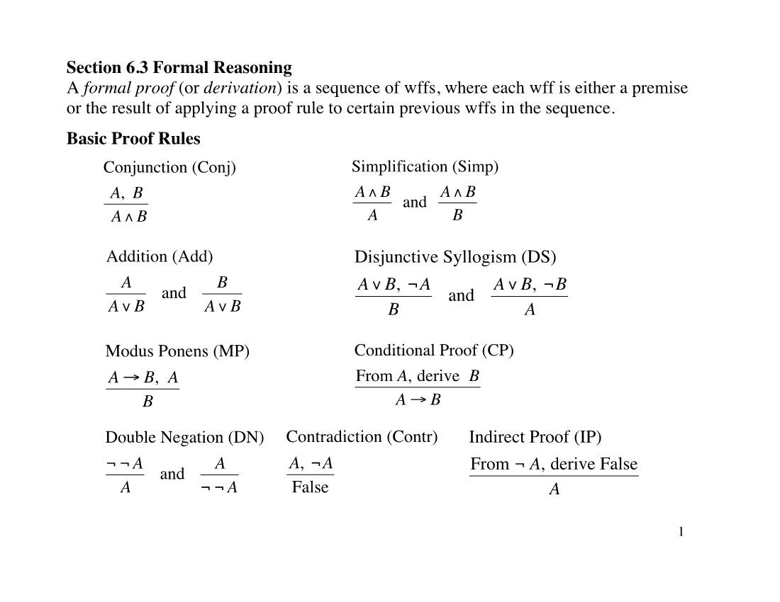 Section 6.3 Formal Reasoning a Formal Proof (Or Derivation) Is A