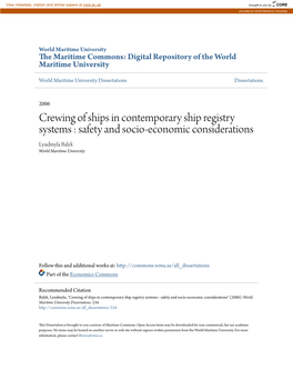 Crewing of Ships in Contemporary Ship Registry Systems : Safety and Socio-Economic Considerations Lyudmyla Balyk World Maritime University