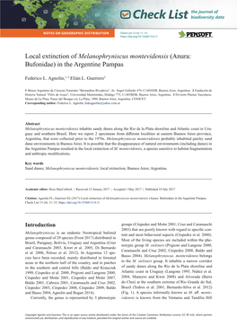 Local Extinction of Melanophryniscus Montevidensis (Anura: Bufonidae) in the Argentine Pampas