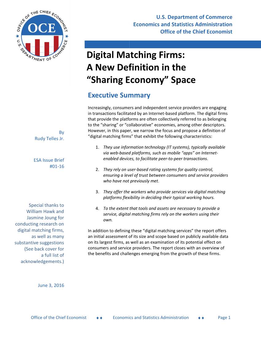 Digital Matching Firms: a New Definition in the “Sharing Economy” Space Executive Summary
