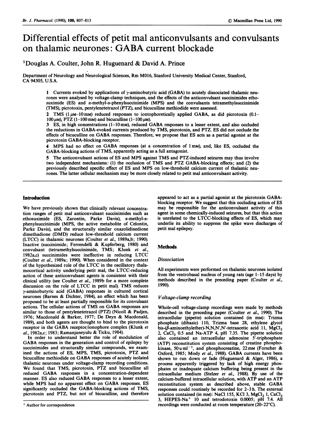 Differential Effects of Petit Mal Anticonvulsants and Convulsants on Thalamic Neurones: GABA Current Blockade 'Douglas A