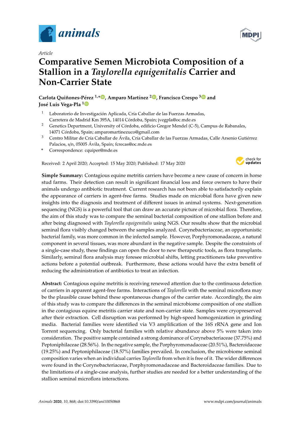 Comparative Semen Microbiota Composition of a Stallion in a Taylorella Equigenitalis Carrier and Non-Carrier State