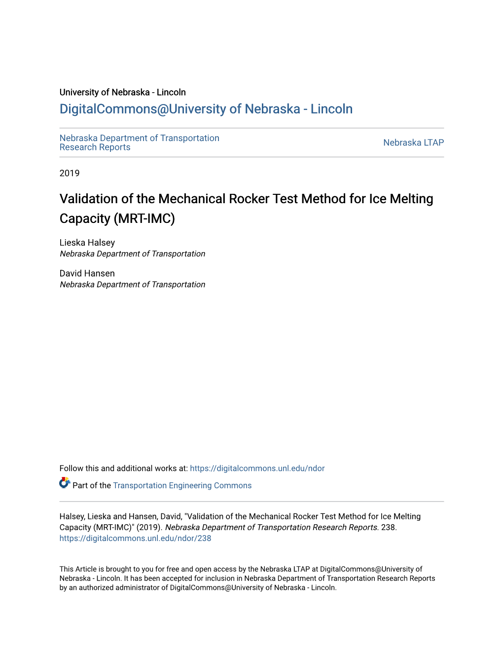 Validation of the Mechanical Rocker Test Method for Ice Melting Capacity (MRT-IMC)