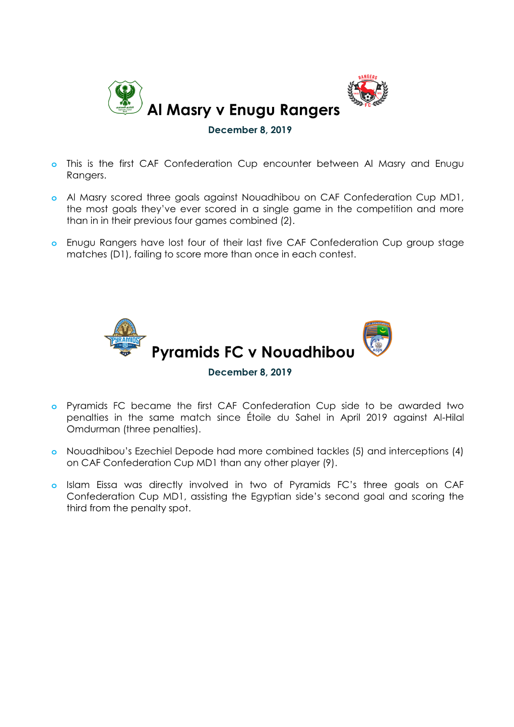 Al Masry V Enugu Rangers Pyramids FC V Nouadhibou