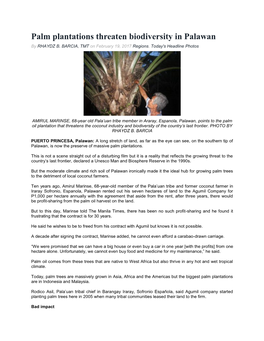 Palm Plantations Threaten Biodiversity in Palawan by RHAYDZ B