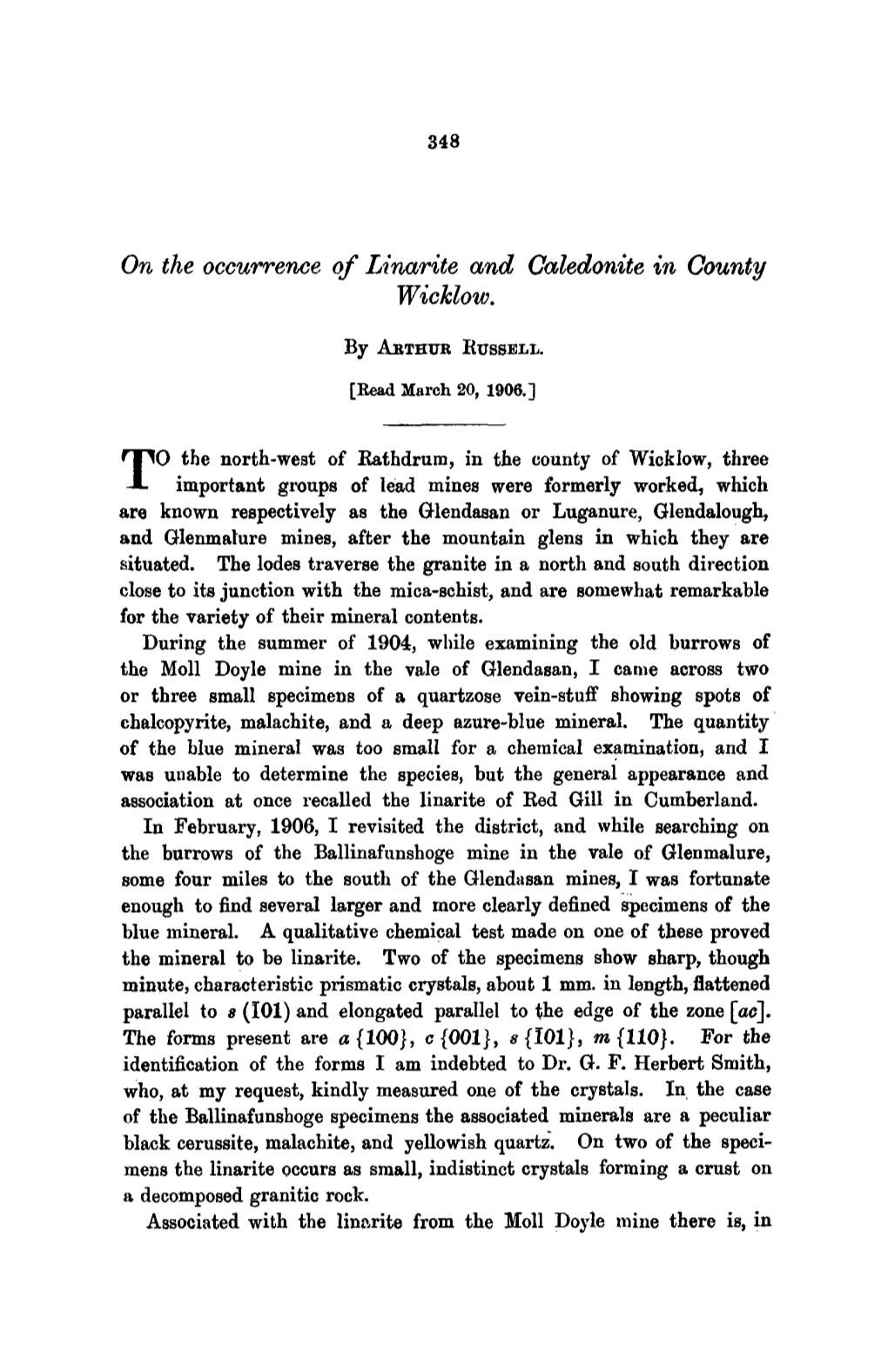 On the Occurrence of Linarite and Caledonite in County Wicklow