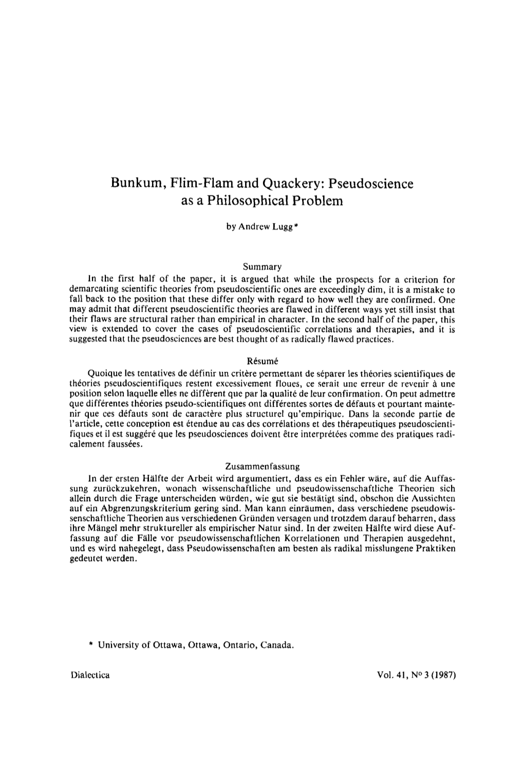 Bunkum, Flim-Flam and Quackery: Pseudoscience As a Philosophical Problem