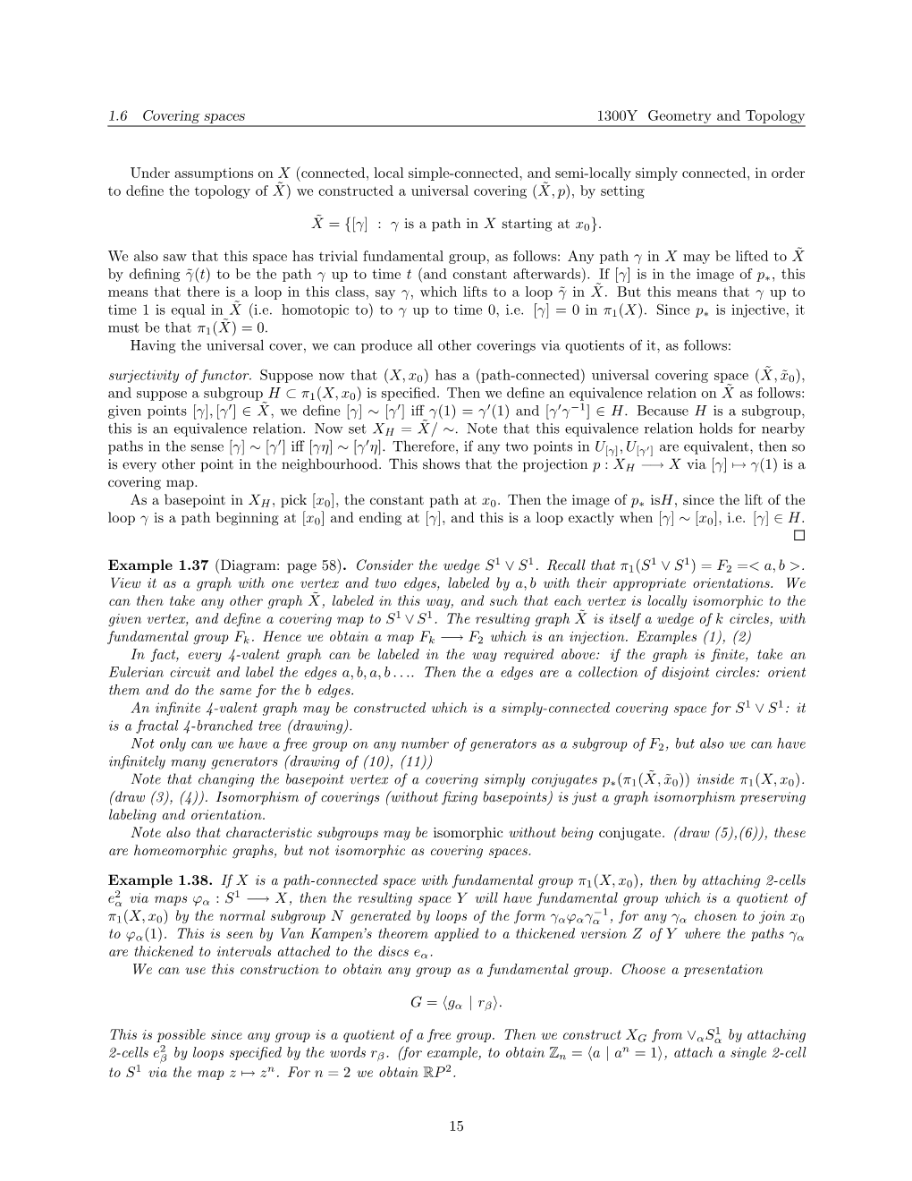 1.6 Covering Spaces 1300Y Geometry and Topology Under Assumptions on X