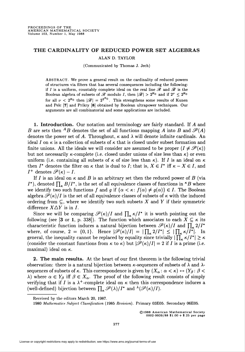 The Cardinality of Reduced Power Set Algebras Alan D