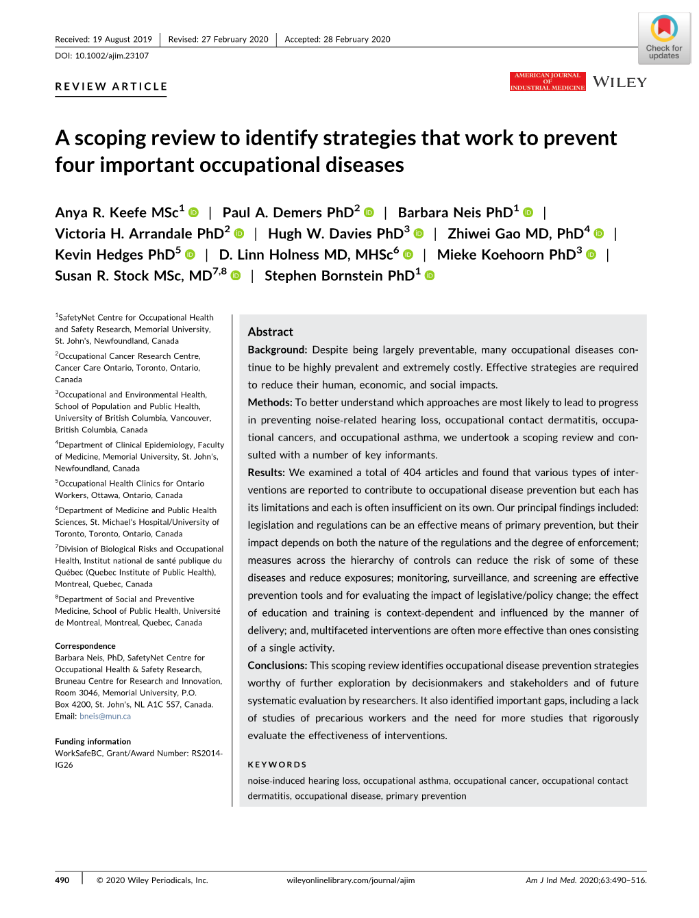 A Scoping Review to Identify Strategies That Work to Prevent Four Important Occupational Diseases