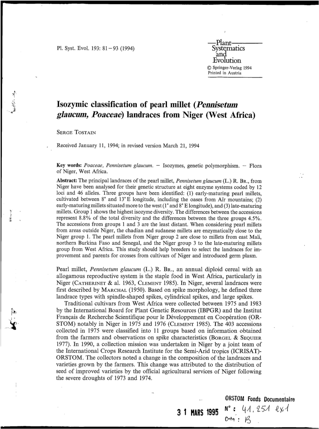 Isozymic Classification of Pearl Millet (Pennisetum Glaucum, Poaceae