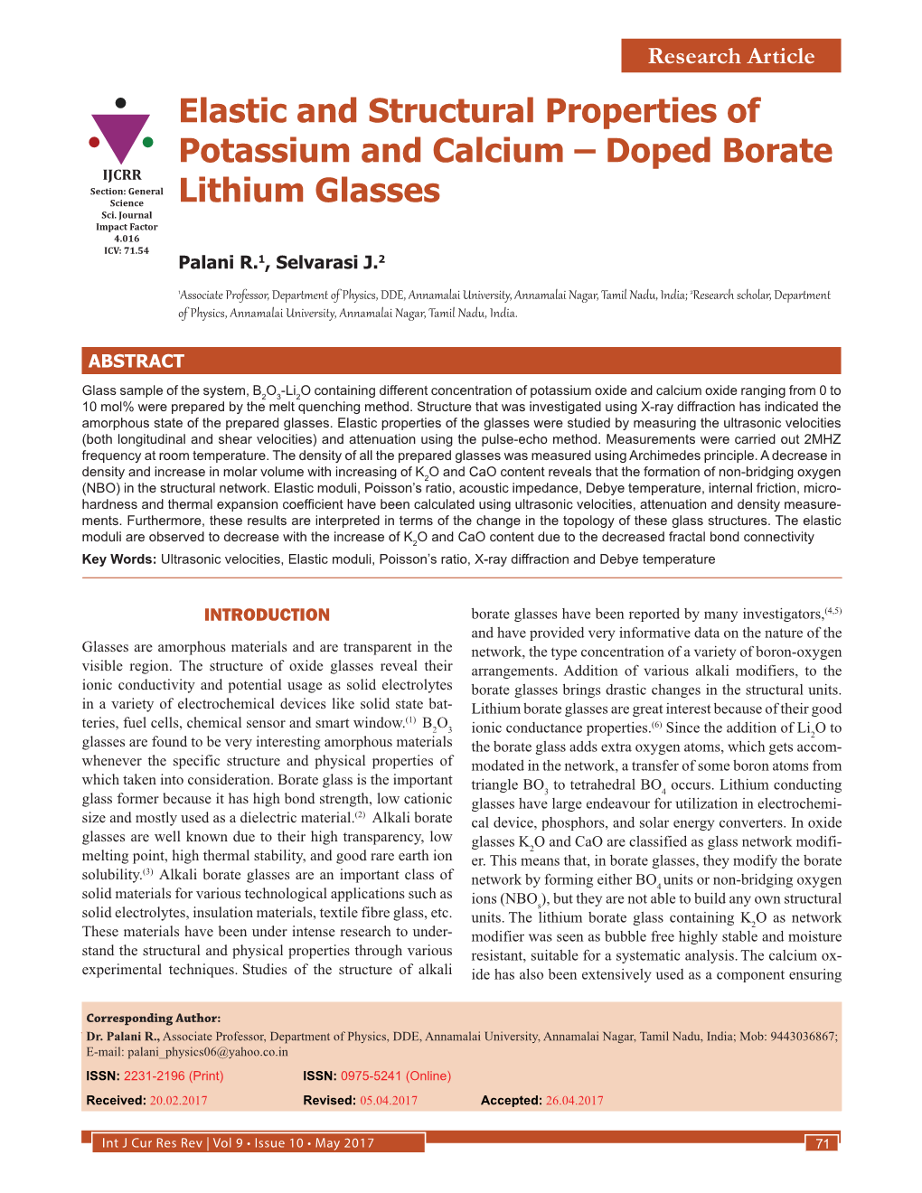 Elastic and Structural Properties of Potassium and Calcium – Doped Borate IJCRR Section: General Science Lithium Glasses Sci