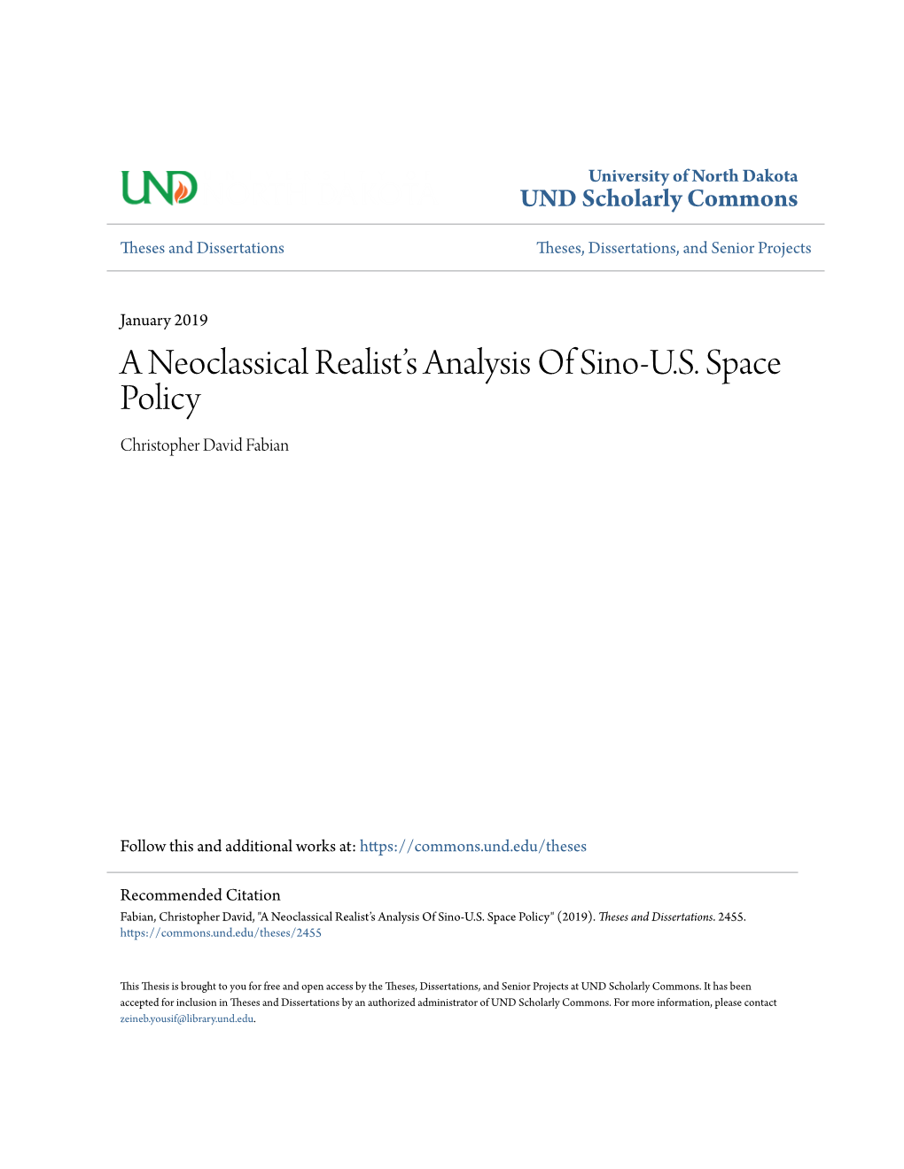 A Neoclassical Realist's Analysis of Sino-U.S. Space Policy