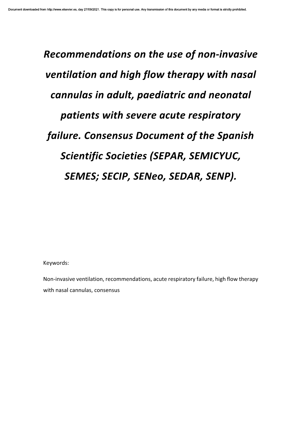 Recommendations on the Use of Non-Invasive Ventilation and High