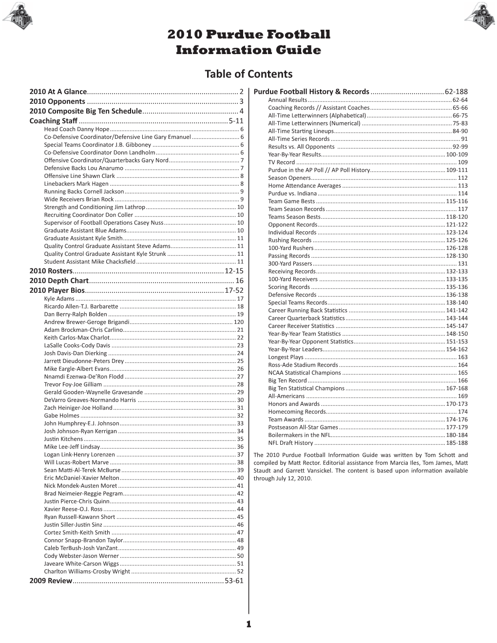 2010 Purdue Football Information Guide Table of Contents 2010 at a Glance