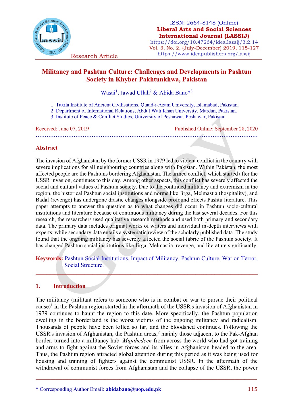 Militancy and the Social Structure Development in Pashtun Culture