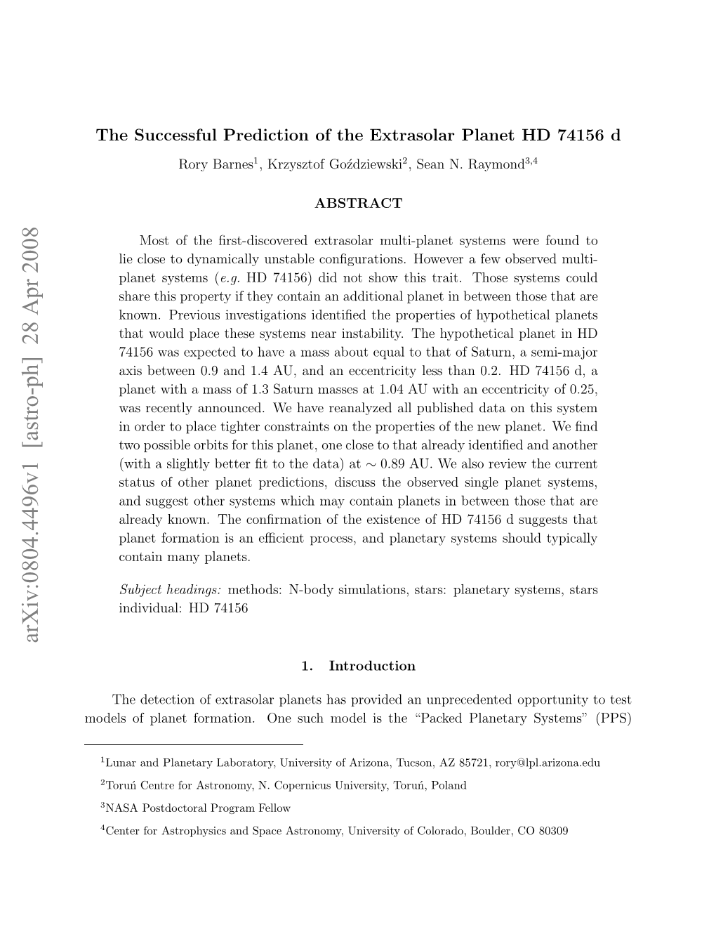 The Successful Prediction of the Extrasolar Planet HD 74156 D