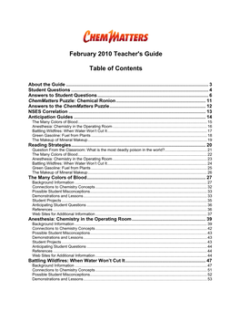 February 2010 Teacher's Guide Table of Contents