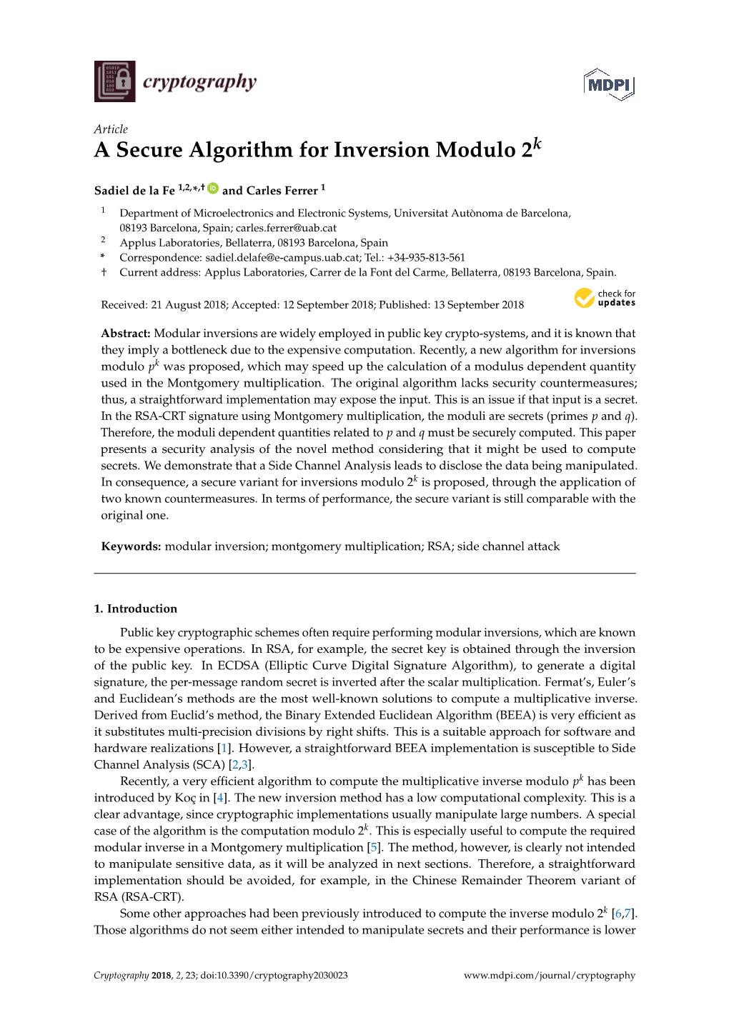 A Secure Algorithm for Inversion Modulo 2K